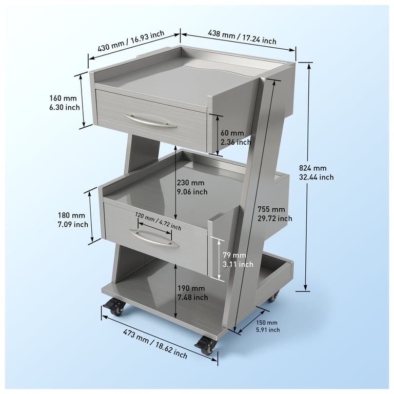 JMU Dental Stainless Steel Cabinet, 3-Tier 2-Draw