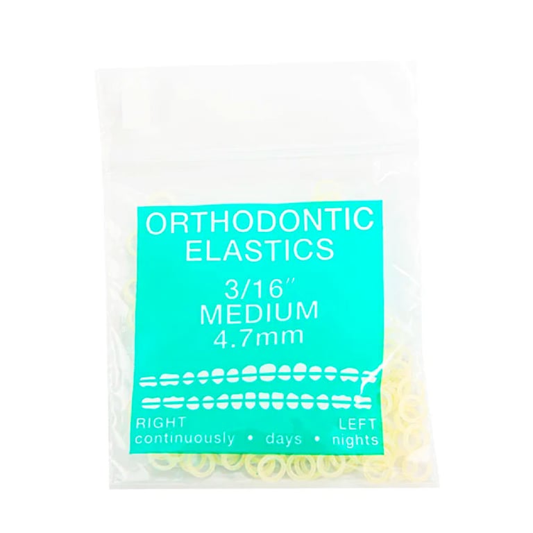 JMU Orthodontic Latex Elastics, Medium 3/16", Yellow, 100/Bag. Latex rubber bands. Made In USA