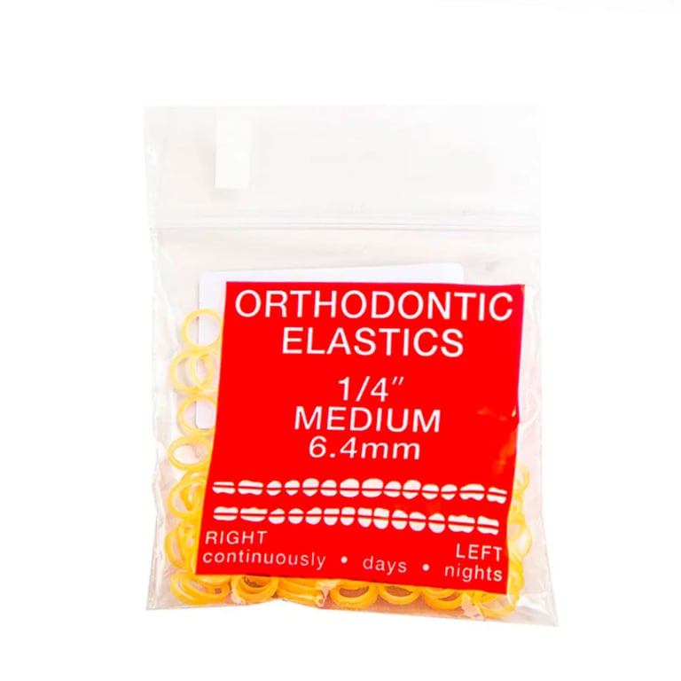 JMU Orthodontic Latex Elastics, Medium 1/4", Yellow, 100/Bag. Latex rubber bands. Made In USA
