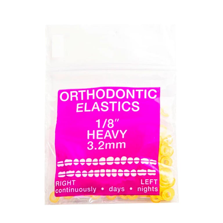 JMU Orthodontic Latex Elastics, Heavy 1/8", Yellow, 100/Bag. Latex rubber bands. Made In USA