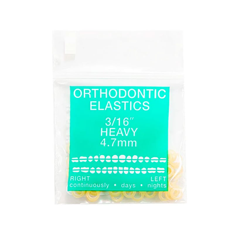 JMU Orthodontic Latex Elastics, Heavy 3/16", Yellow, 100/Bag. Latex rubber bands. Made In USA