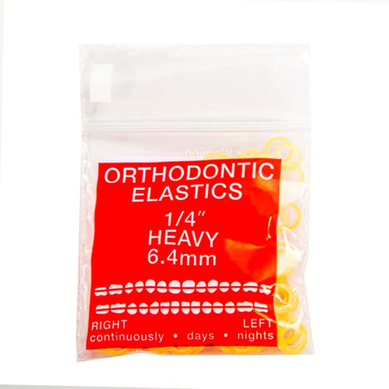 JMU Orthodontic Latex Elastics, Heavy 1/4", Yellow, 100/Bag. Latex rubber bands. Made In USA