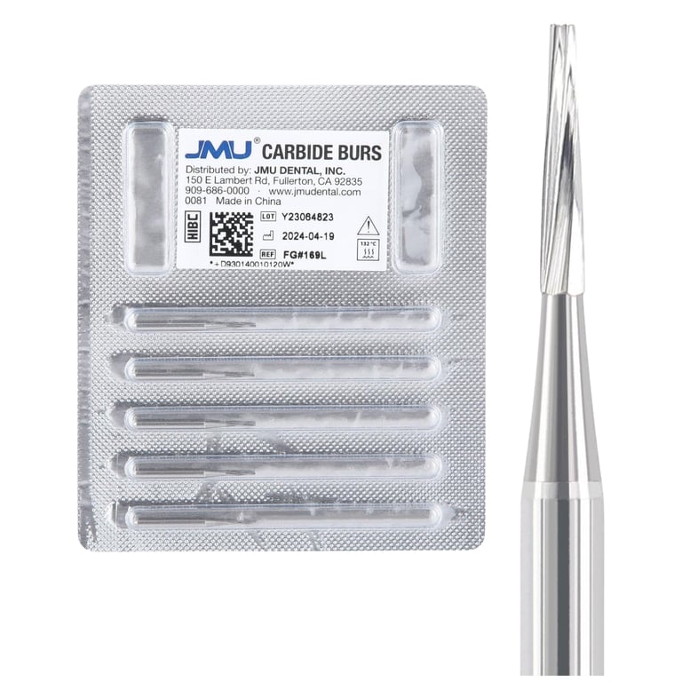 JMU FG #169L Taper Fissure Carbide Burs, 5/Pk. Crafted from fine-grade tungsten carbide ensuring