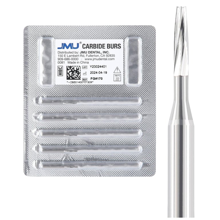 JMU FG #170 Taper Fissure Carbide Burs, 5/Pk. Crafted from fine-grade tungsten carbide ensuring