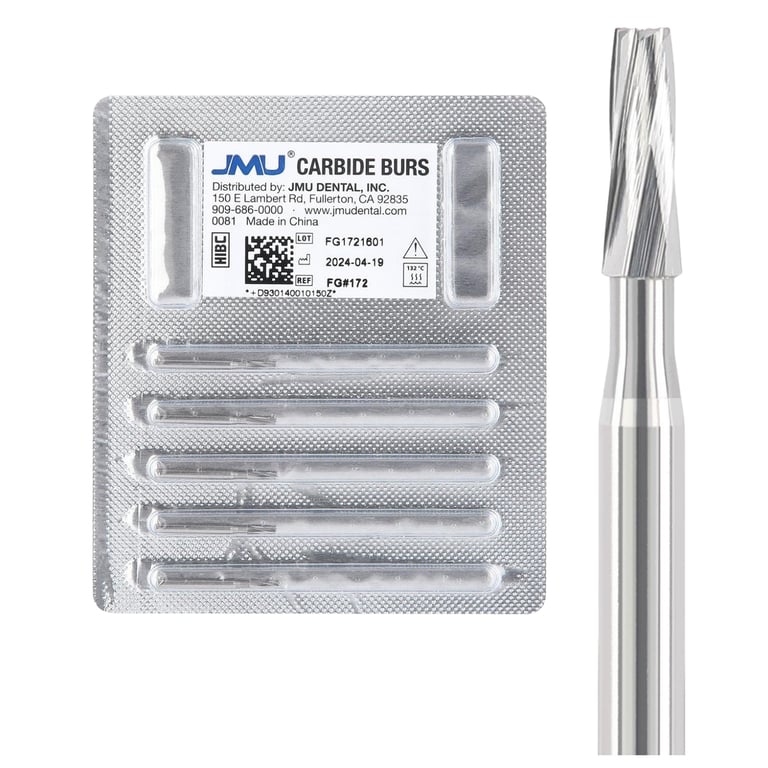 JMU FG #172 Taper Fissure Carbide Burs, 5/Pk. Crafted from fine-grade tungsten carbide ensuring