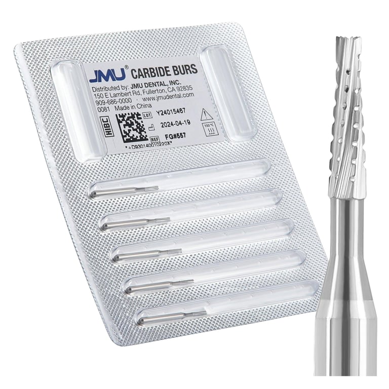 JMU FG #557 Straight Fissure Crosscut Carbide Burs, 5/Pk. Crafted from fine-grade tungsten carbide