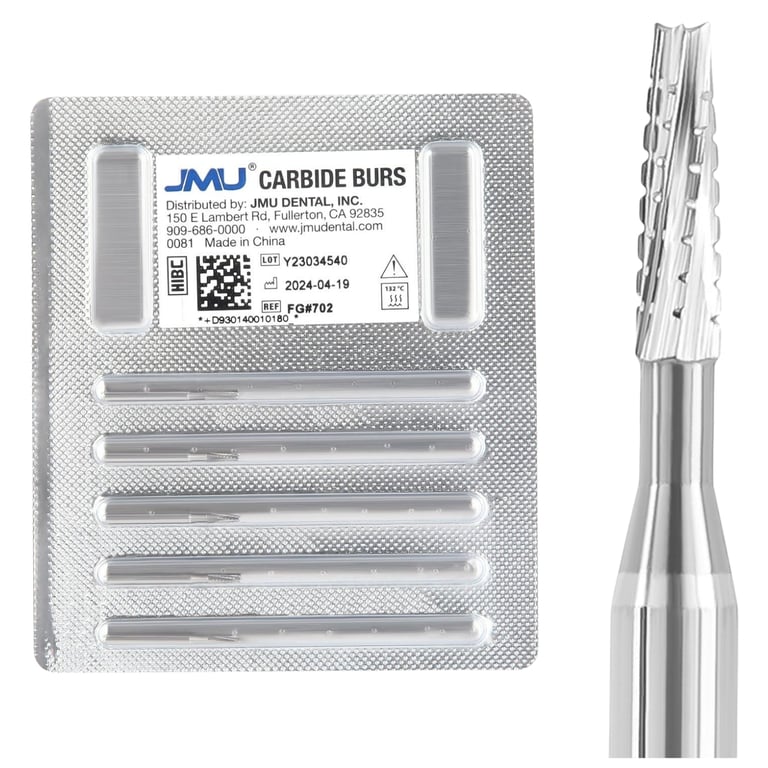 JMU FG #702 Taper Fissure Crosscut Carbide Burs, 5/Pk. Crafted from fine-grade tungsten carbide