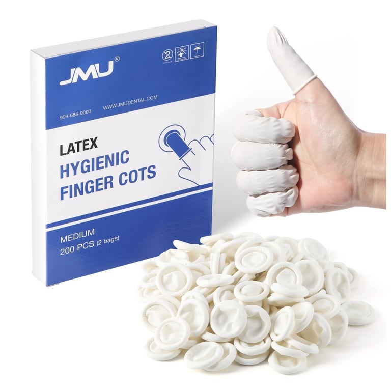 JMU Hygienic Finger Cots, Medium, White, 200/Pk. Featuring a powder-free latex construction