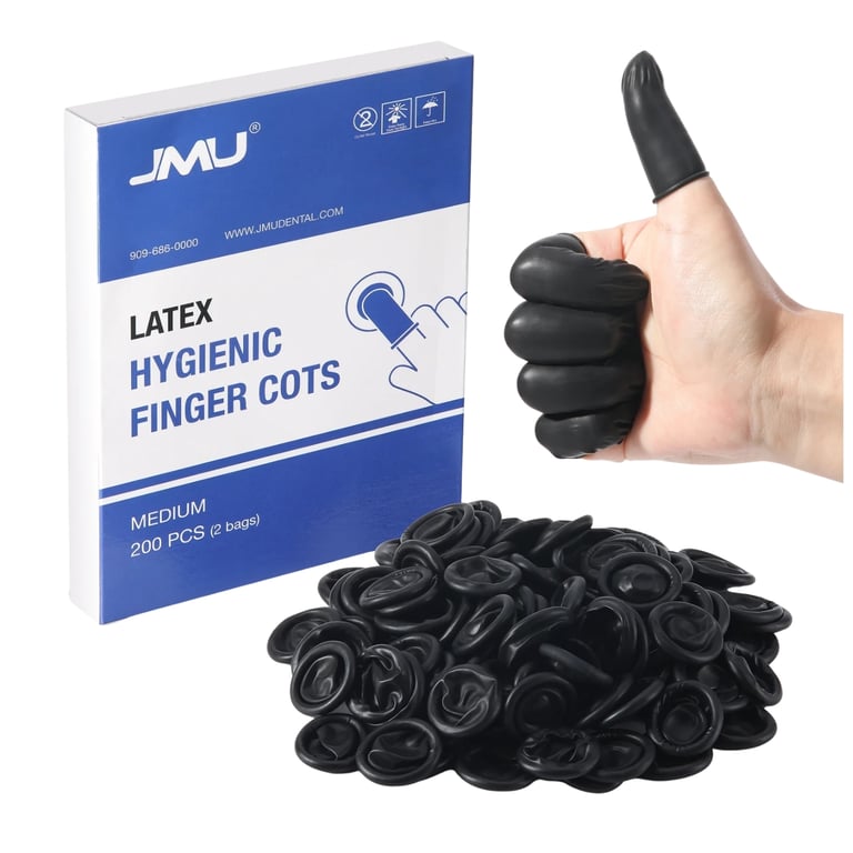 JMU Latex Finger Cots, Medium, Black, 200/Pk. Featuring powder-free cots offering high elasticity