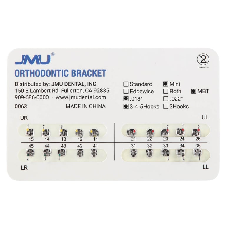 JMU Mini MIM 0.018" MBT Brackets, Mesh Base, Hooks on 3/4/5, 20/Pk. Metal injection moulded