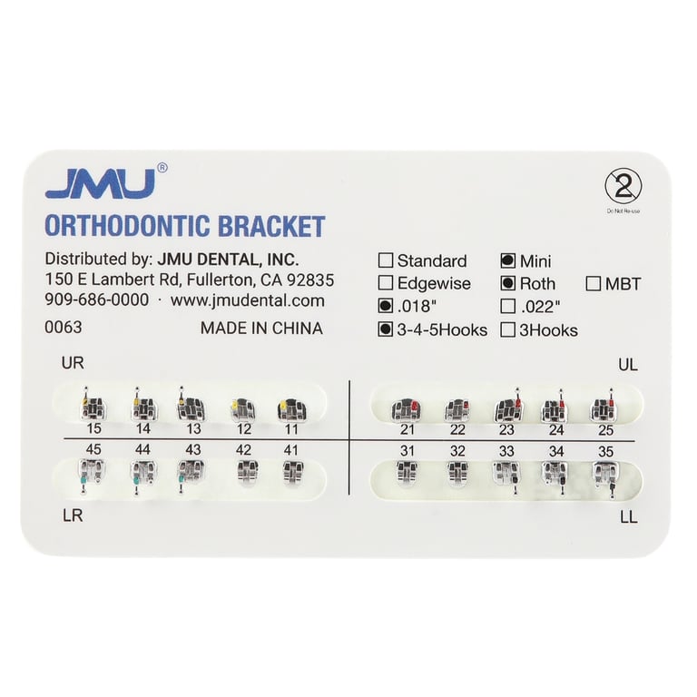 JMU Mini MIM 0.018" Roth Brackets, Mesh Base, Hooks on 3/4/5, 20/Pk. Metal injection moulded