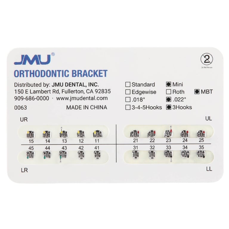 JMU Mini MIM 0.022" MBT Brackets, Mesh Base, Hooks on 3, 20/Pk. Metal injection moulded