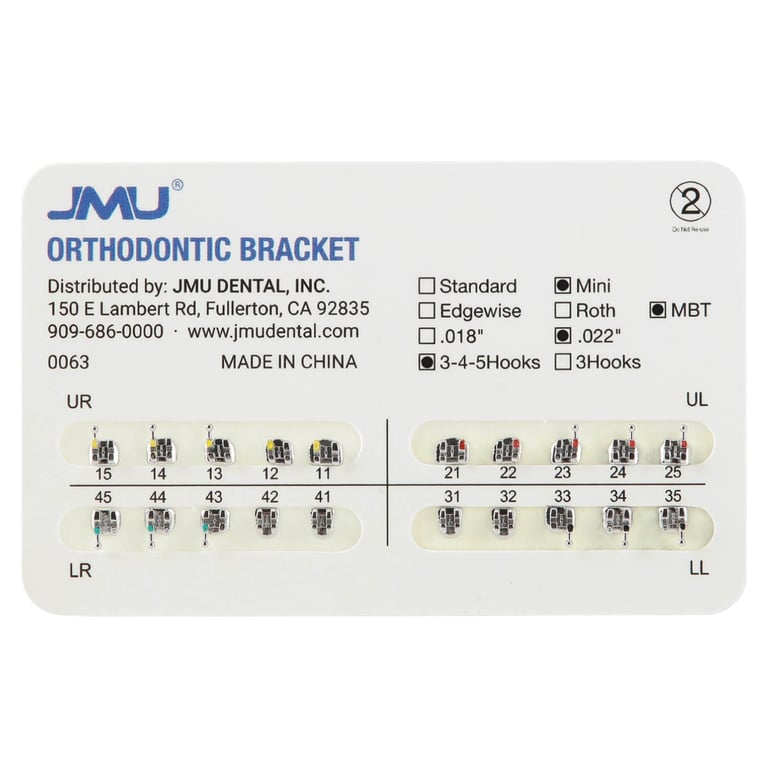 JMU Mini MIM 0.022" MBT Brackets, Mesh Base, Hooks on 3/4/5, 20/Pk. Metal injection moulded