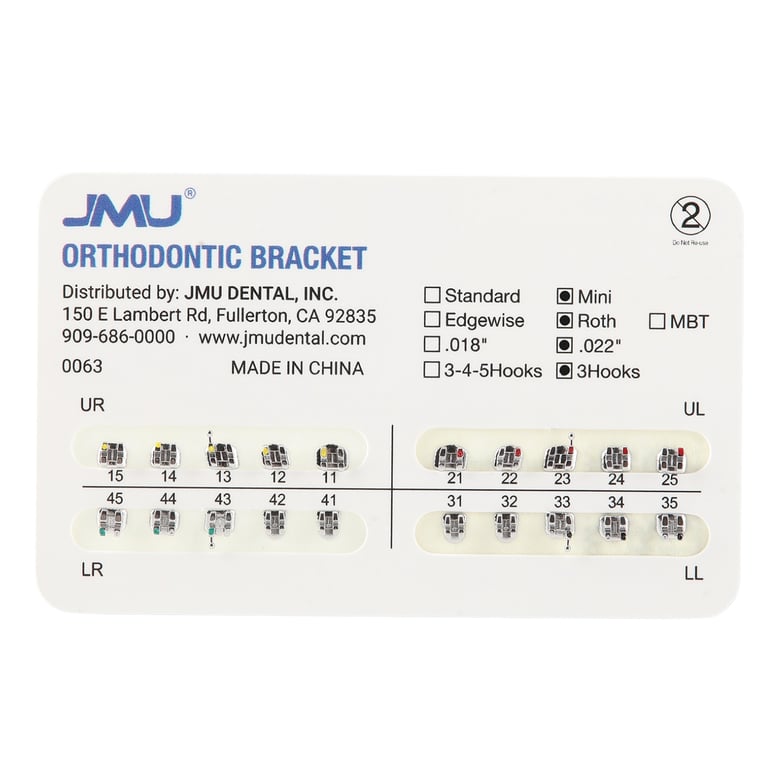 JMU Mini MIM 0.022" Roth Brackets, Mesh Base, Hooks on 3, 20/Pk. Metal injection moulded