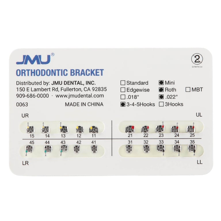 JMU Mini MIM 0.022" Roth Brackets, Mesh Base, Hooks on 3/4/5, 20/Pk. Metal injection moulded