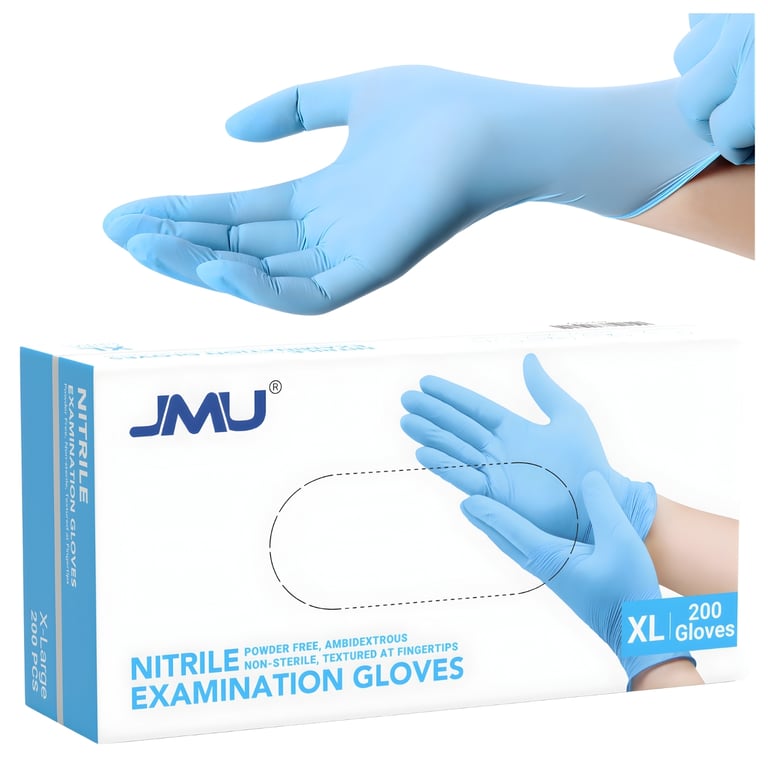 JMU Nitrile Exam Gloves, Powder-Free, Blue, X-Large, 200/Pk. Latex-free and protein-free with an
