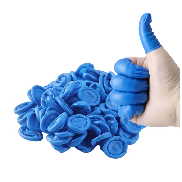 JMU Nitrile Finger Cot, Medium, Blue, Powder-Free, 100/Pk. Provides an elastic barrier resisting