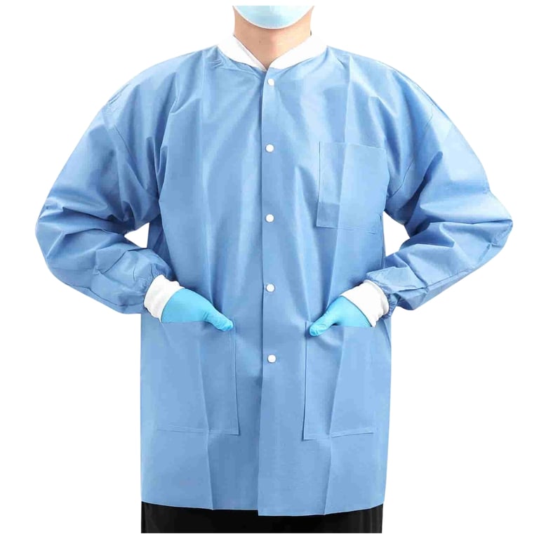 JMU Plus SMS Jacket, Large, Light Blue, 50/Pk. Hip-length disposable jacket with three pockets