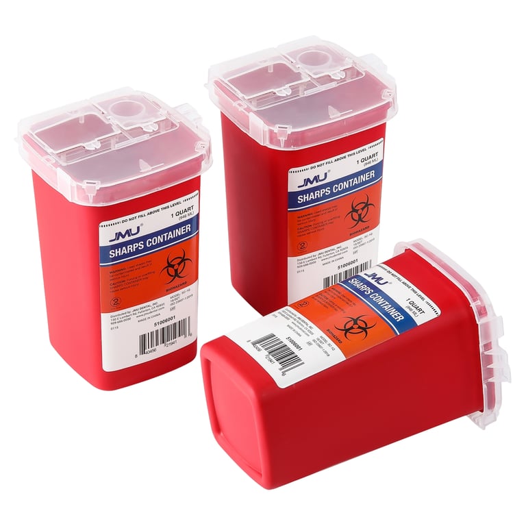 JMU SC-1QT 1 Quart Polypropylene Sharps Container, Dual Lid, Red, 3/Pk. Takes used needles, blades