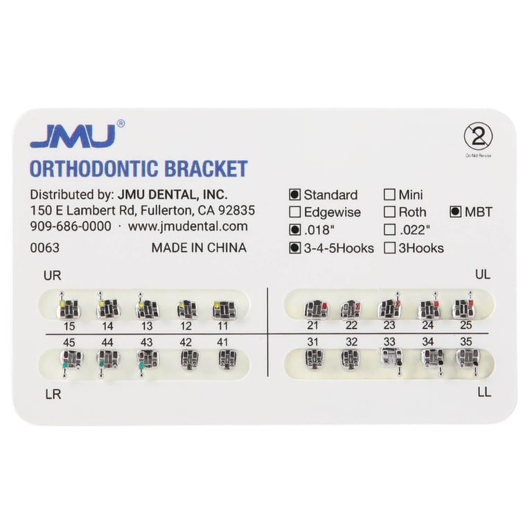 JMU Standard MIM 0.018" MBT Brackets, Mesh Base, Hooks on 3/4/5, 20/Pk. Metal injection moulded