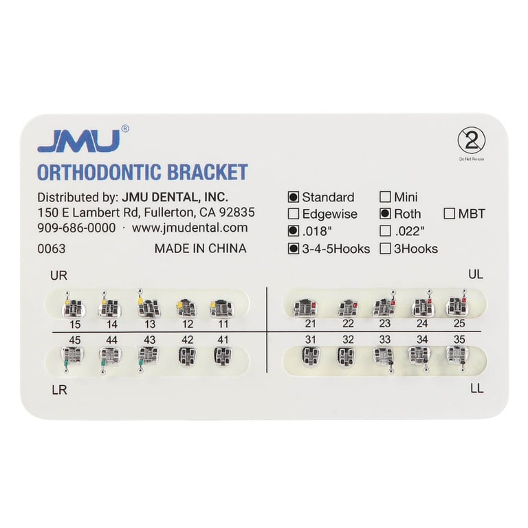 JMU Standard MIM 0.018" Roth Brackets, Mesh Base, Hooks on 3/4/5, 20/Pk. Metal injection moulded