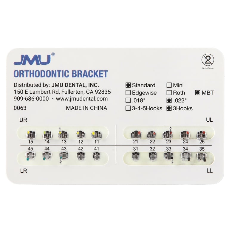 JMU Standard MIM 0.022" MBT Brackets, Mesh Base, Hooks on 3, 20/Pk. Metal injection moulded