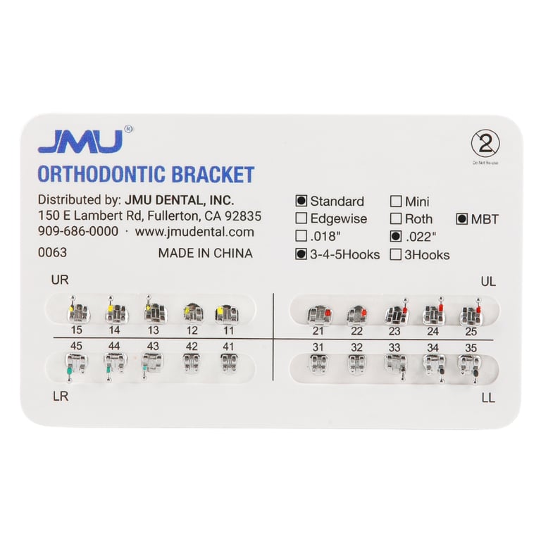 JMU Standard MIM 0.022" MBT Brackets, Mesh Base, Hooks on 3/4/5, 20/Pk. Metal injection moulded