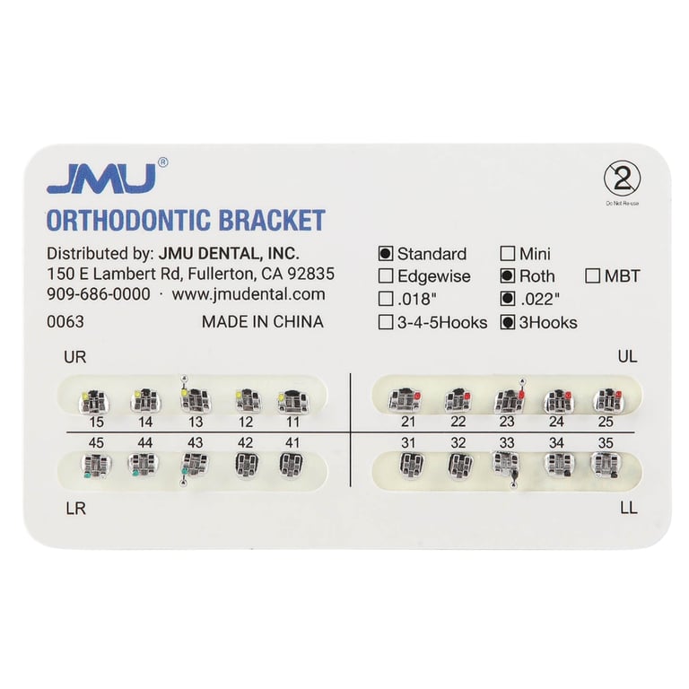 JMU Standard MIM 0.022" Roth Brackets, Mesh Base, Hooks on 3, 20/Pk. Metal injection moulded