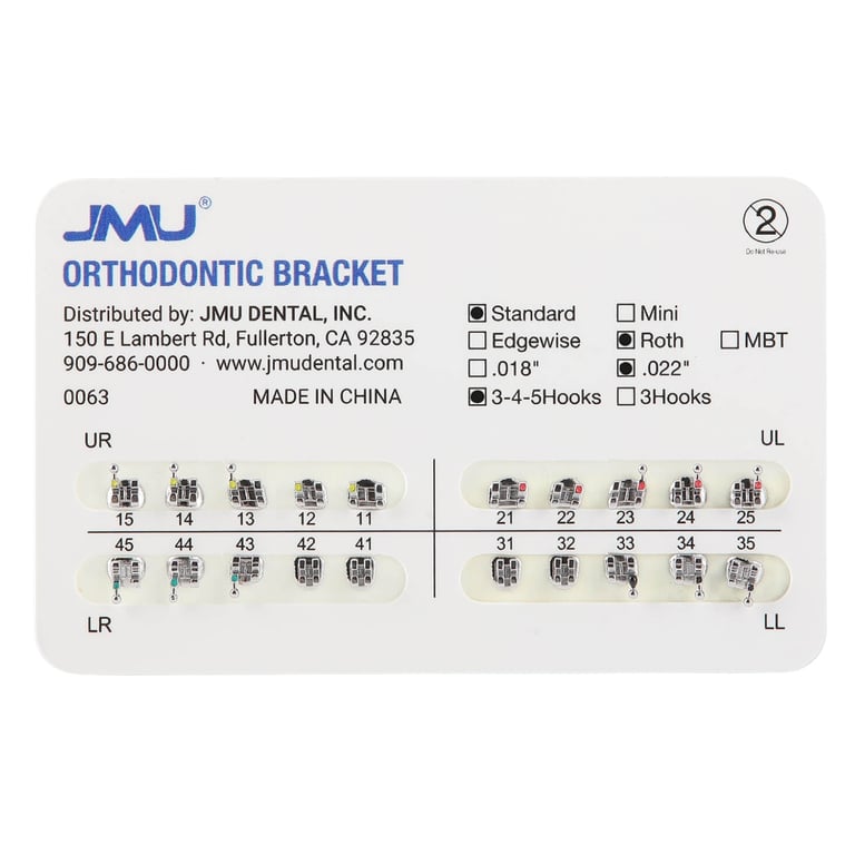 JMU Standard MIM 0.022" Roth Brackets, Mesh Base, Hooks on 3/4/5, 20/Pk. Metal injection moulded
