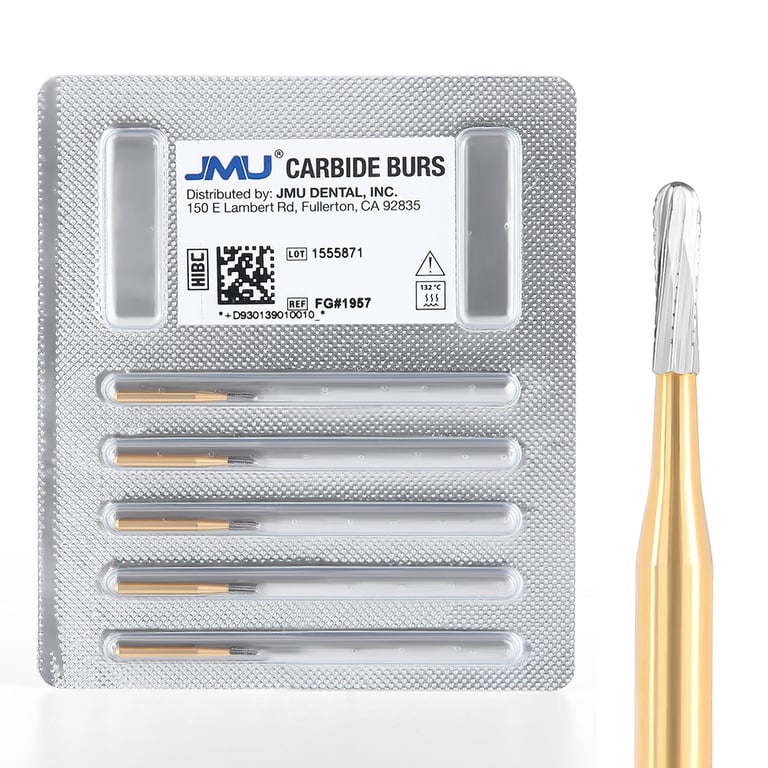 JMU FG #1957 Straight Fissure Round End Carbide Bur, 5/Pk. High-density, fine-grade tungsten