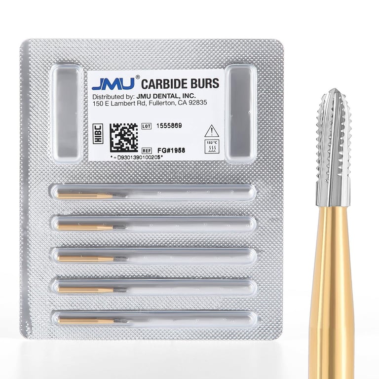 JMU FG #1958 Straight Fissure Round End Carbide Bur, 5/Pk. High-density, fine-grade tungsten
