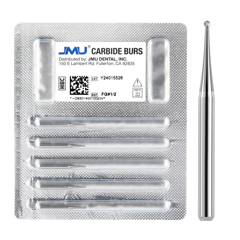 JMU FG #1/2 Round Carbide Bur, 5/Pk. High-density, fine-grade tungsten carbide delivers consistent