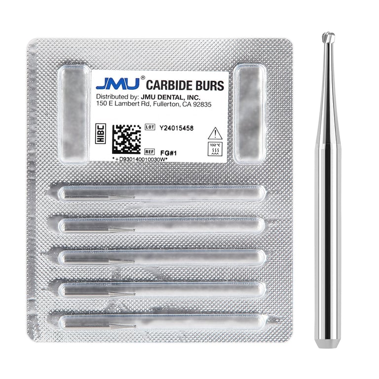 JMU FG #1 Round Carbide Bur, 5/Pk. High-density, fine-grade tungsten carbide delivers consistent