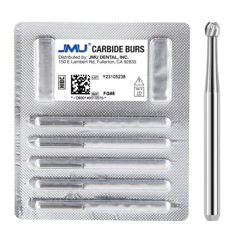 JMU FG #5 Round Carbide Bur, 5/Pk. High-density, fine-grade tungsten carbide delivers consistent