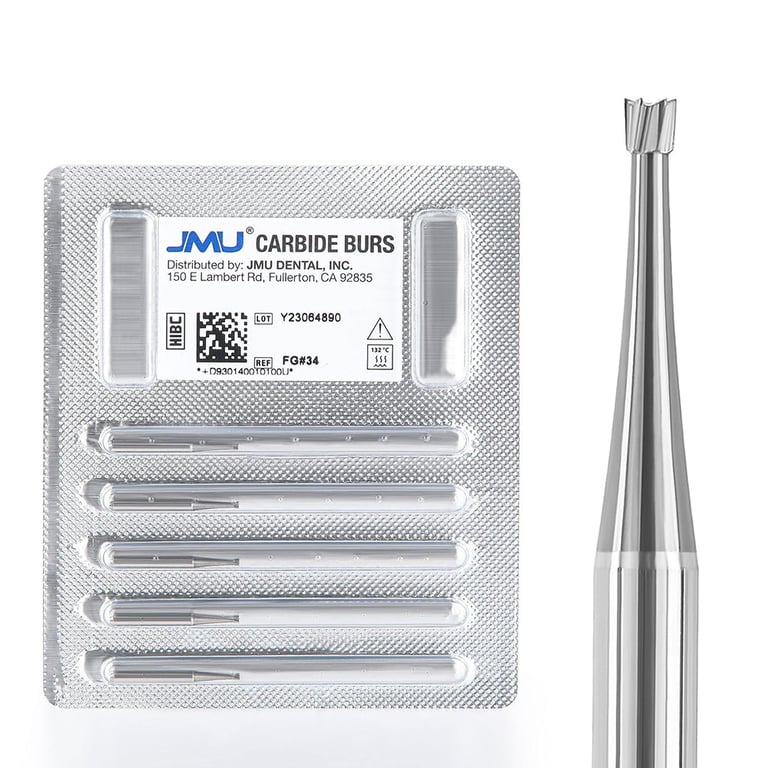 JMU FG #34 Inverted Cone Carbide Bur, 5/Pk. High-density, fine-grade tungsten carbide delivers