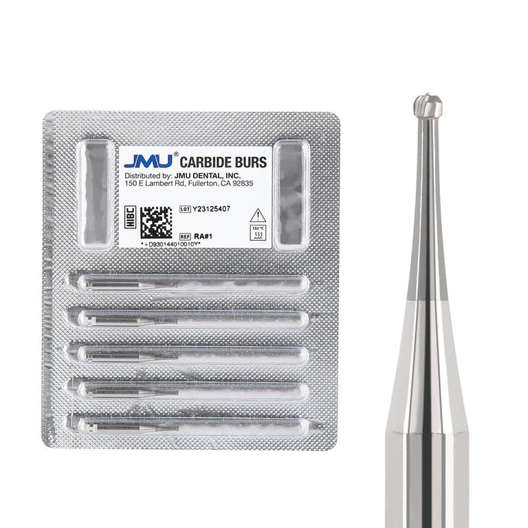 JMU RA #1 Round Carbide Bur, 5/Pk. High-density, fine-grade tungsten carbide delivers consistent