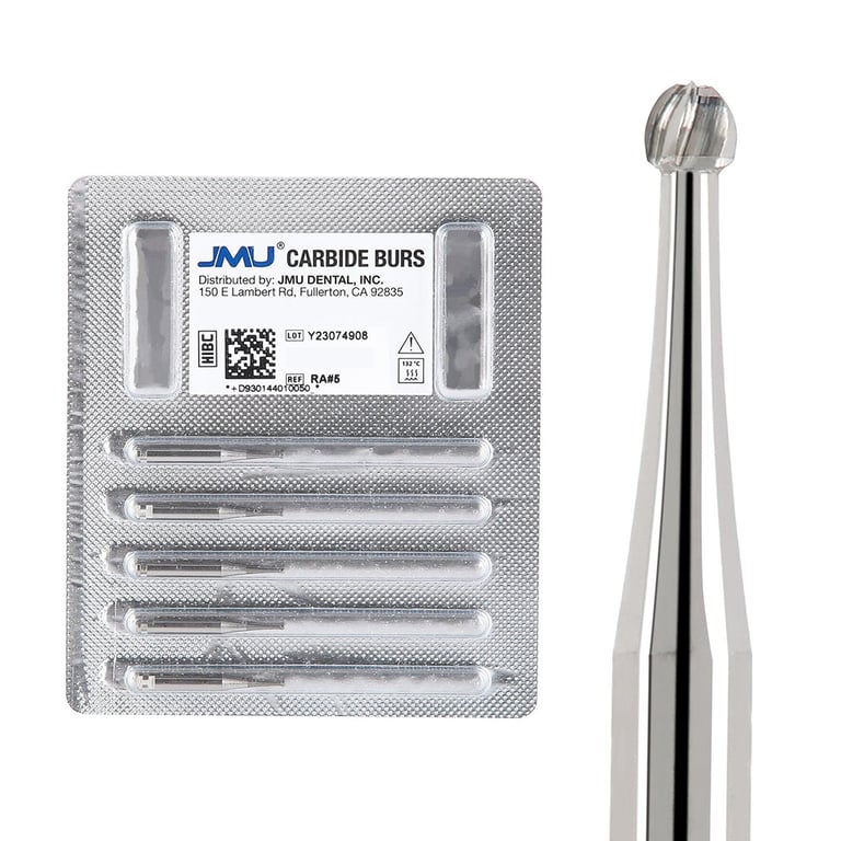 JMU RA #5 Round Carbide Bur, 5/Pk. High-density, fine-grade tungsten carbide delivers consistent