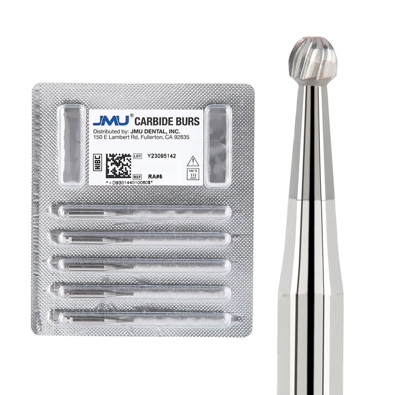 JMU RA #6 Round Carbide Bur, 5/Pk. High-density, fine-grade tungsten carbide delivers consistent