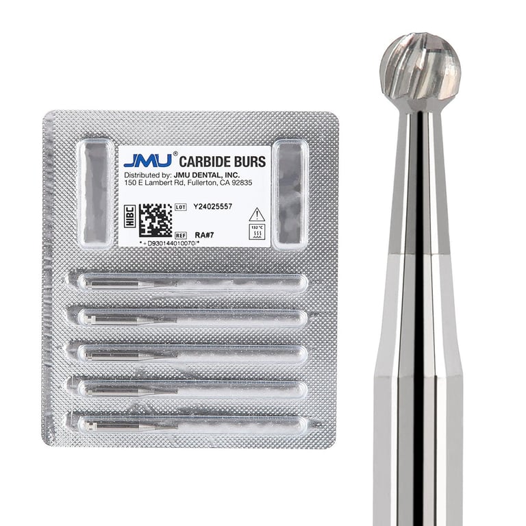 JMU RA #7 Round Carbide Bur, 5/Pk. High-density, fine-grade tungsten carbide delivers consistent