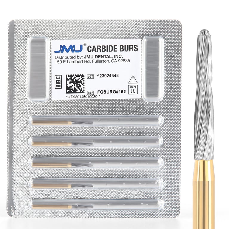 JMU FG #152 SL (Surgical Length) Straight Dome Fissure Carbide Bur, 5/Pk. High-density, fine-grade