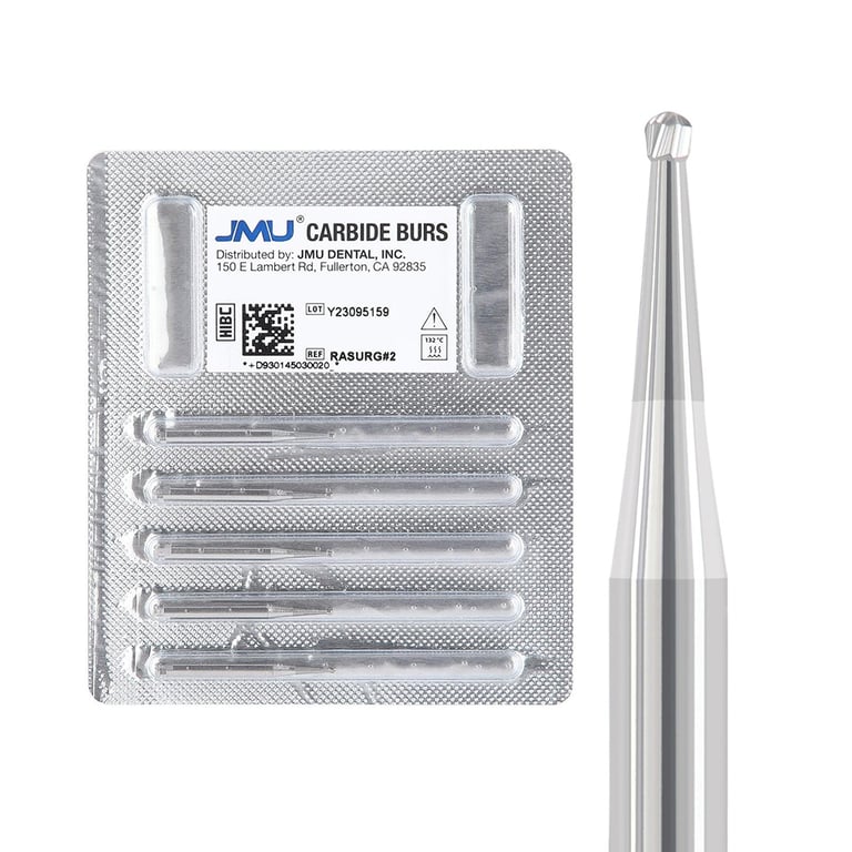 JMU RA #2 SL (Surgical Length) Round Carbide Bur, 5/Pk. High-density, fine-grade tungsten carbide