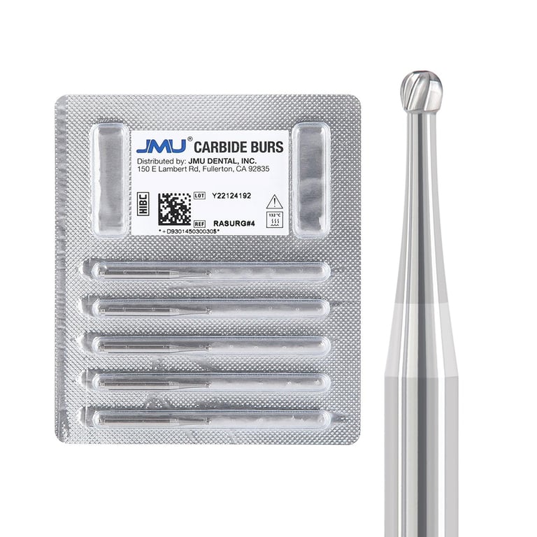 JMU RA #4 SL (Surgical Length) Round Carbide Bur, 5/Pk. High-density, fine-grade tungsten carbide