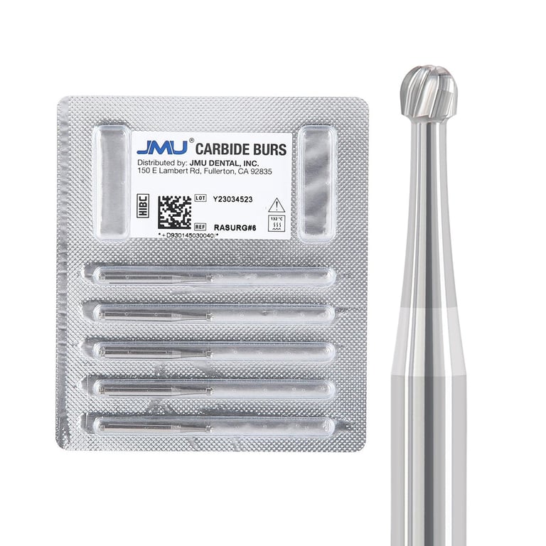 JMU RA #6 SL (Surgical Length) Round Carbide Bur, 5/Pk. High-density, fine-grade tungsten carbide