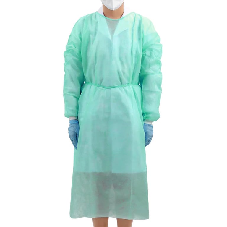 JMU Disposable Isolation Gowns, Knitted Cuff, Green, 10/Pk. 30gsm PP, 120 x 140 cm