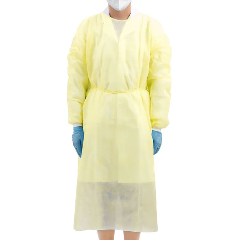 JMU Disposable Isolation Gowns, Knitted Cuff, Yellow, 10/Pk. 30gsm PP, 120 x 140 cm