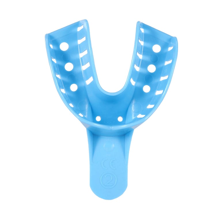 JMU Disposable Dental Impression Trays Perforated, Large Lower, 12/Pk. The impression tray has an