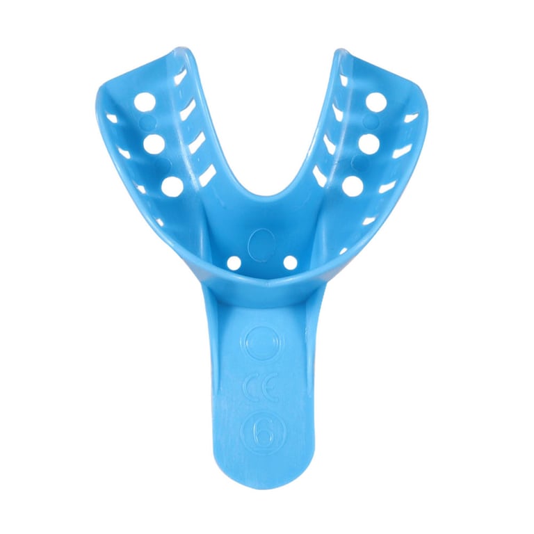 JMU Disposable Dental Impression Trays Perforated, Small Lower, 12/Pk. The impression tray has an