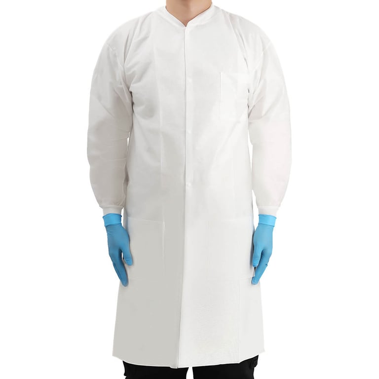 JMU Disposable SMS Lab Coat, Medium, White, 10/Pk. Knee length coat with 3 pockets and 0.18lb/pc