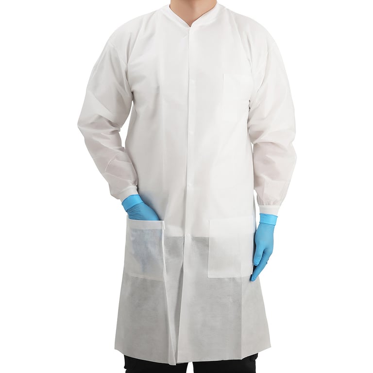 JMU Disposable SMS Lab Coat, Large, White, 50/Pk. Lightweight, breathable 40g SMS 3-layer fabric