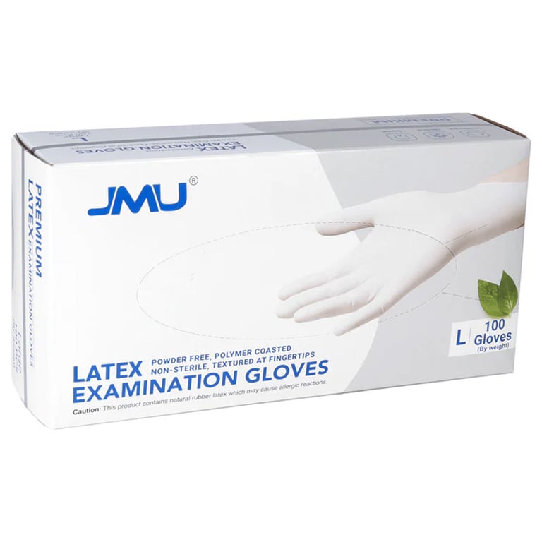 JMU Latex Powder-free Examination Gloves, Non-Sterile, Large, White, Textured Fingertips, 100/Box